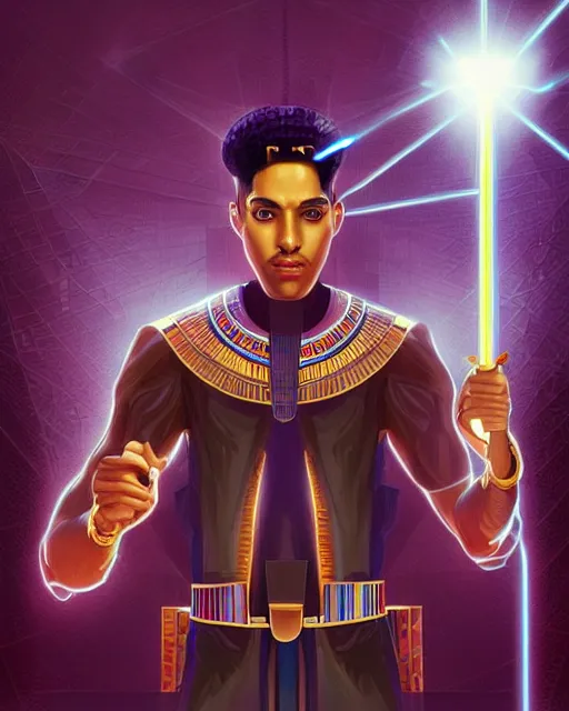 Prompt: symmetry!! egyptian prince holding neon gold scepter of power, solid cube of light, egyptian design, hard edges, product render retro - futuristic poster scifi, lasers and neon circuits, brown skin man egyptian prince, intricate, elegant, highly detailed, digital painting, artstation, concept art, smooth, sharp focus, illustration, dreamlike, art by artgerm