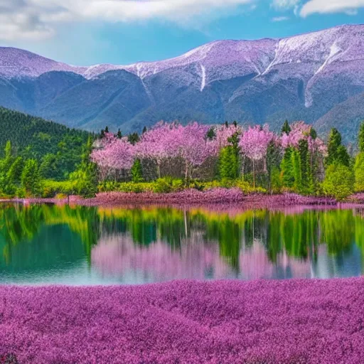 Prompt: forest and lakes with purple Sakura flowers with snow mountains at the background