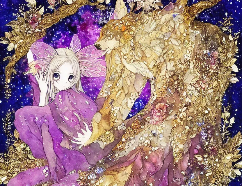 Prompt: faerie bear in a crystal cave. this watercolor and gold leaf work by the award - winning mangaka has a beautiful composition and intricate details.