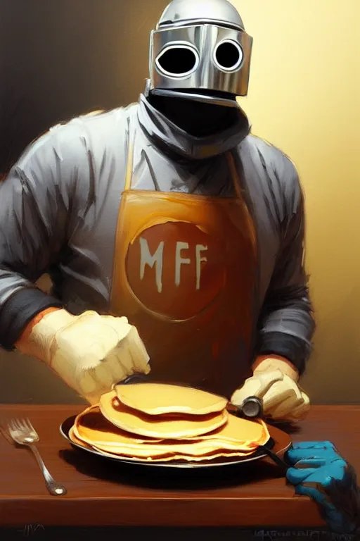 Image similar to mf doom as cooking pancakes animation pixar style, shaded lighting poster by magali villeneuve, artgerm, jeremy lipkin and michael garmash, rob rey and kentaro miura style, trending on art station