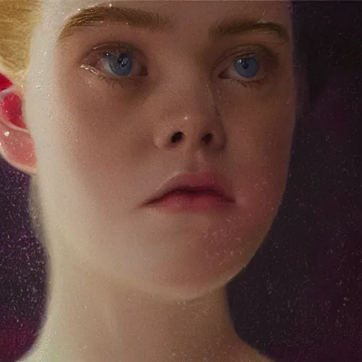 Image similar to Elle Fanning lost in limbo in the world of Adam Wyeth, head and shoulders portrait, stormy weather, extremely detailed masterpiece, oil on canvas, low-key neon lighting, artstation, Blade Runner 2049, Roger Deakin’s cinematography, by J. C. Leyendecker and Peter Paul Rubens and Edward Hopper and Michael Sowa,