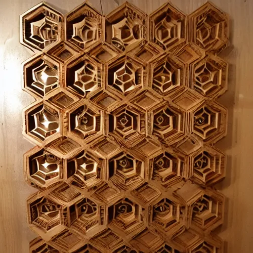 Image similar to physical honeycomb pattern wooden sculpture 10 feet tall golden inset ornate detail free standing installation