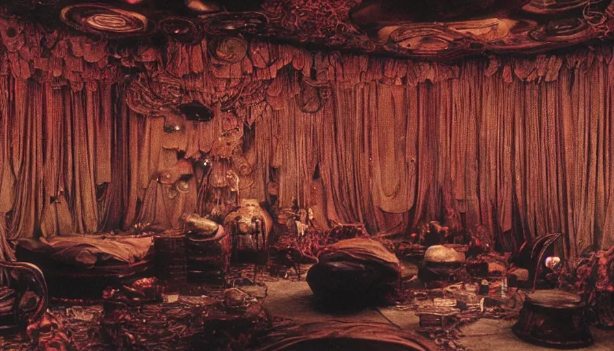 Prompt: an autochrome of a sci - fi 1 9 0 0's opium den with living, fleshy cronenberg walls, filmset interior of alien, designed by gustav klimt, octane renderer