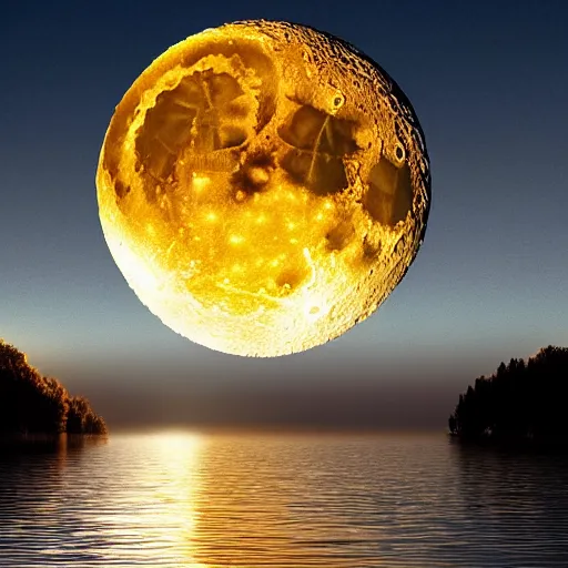 Prompt: The moon covered in lakes of liquid gold realistic photograph