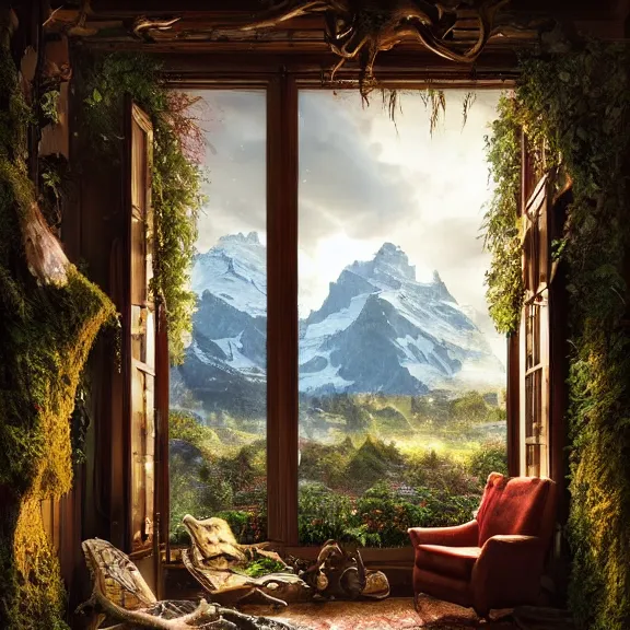 Image similar to fantastical living room with switzerland landscape in the window by marc adamus, beautiful dramatic lighting, overgrown with funghi, style by peter deligdisch, peterdraws