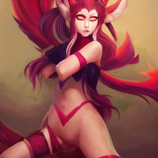 Prompt: a kitsune, Ahri, League of Legends, by Zeronis, Paul Kwon, Artstation