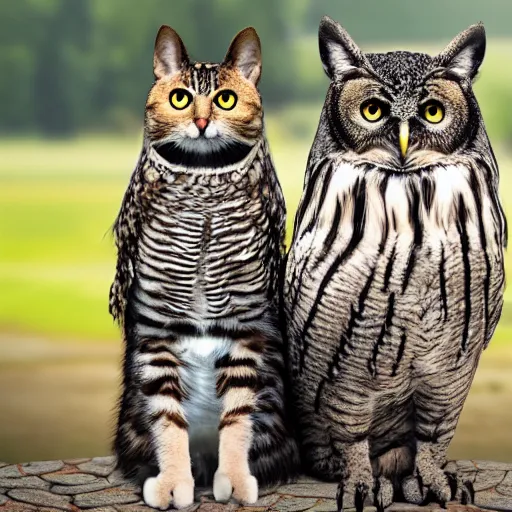 Prompt: a cat and an owl standing side by side, 4k realistic photo