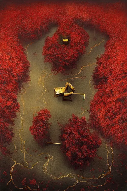 Image similar to immaculate painting of A Beautiful fine detailed gold and red and black Forest Illusion by erik johansson micro detailing