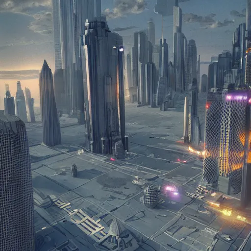 Prompt: sci fi megacity made in blender, in the style of Ian hubert , high quality, lots of detail, futuristic, photoshop post process, realistic, warm lighting, warm atmosphere