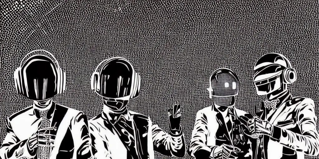 Prompt: intricate detailed artwork of Daft Punk using dj controller at an underground rave party in Ibiza, playing techno house music LOUD, thousands of beautiful girls in bikini dancing on the dancefloor, in the style of Moebius, wires, speakers, black and white ink, some ink drips