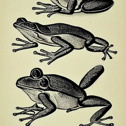 Image similar to full page antique lithograph blueprint of frogs, White background, art print, clean brush stroke