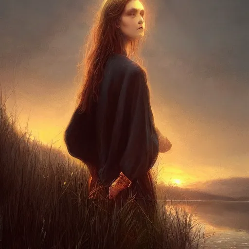 Image similar to beautiful young woman by the lake, sunset, high detail, dramatic light, digital art, painted by seb mckinnon and greg rutkowski, trending on artstation