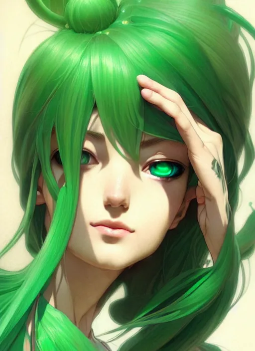 Image similar to portrait from left, head and body only, palutena, green hair, concept art, digital illustration, by rossdraws, frank franzzeta, intricate, masterpiece, elegant, hyper detailed, artstation, unreal engine rendered, concept art, smooth, sharp focus, illustration, art by artgerm and greg rutkowski and alphonse mucha and garis edelweiss