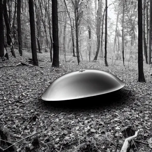 Image similar to a crashed ufo in the forest, black and white photo