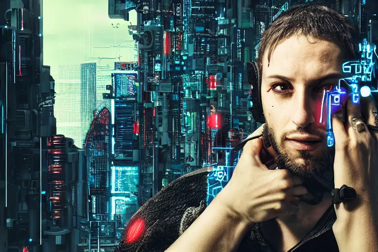 Prompt: cyberpunk hacker closeup portrait in high tech compound by Emmanuel Lubezki