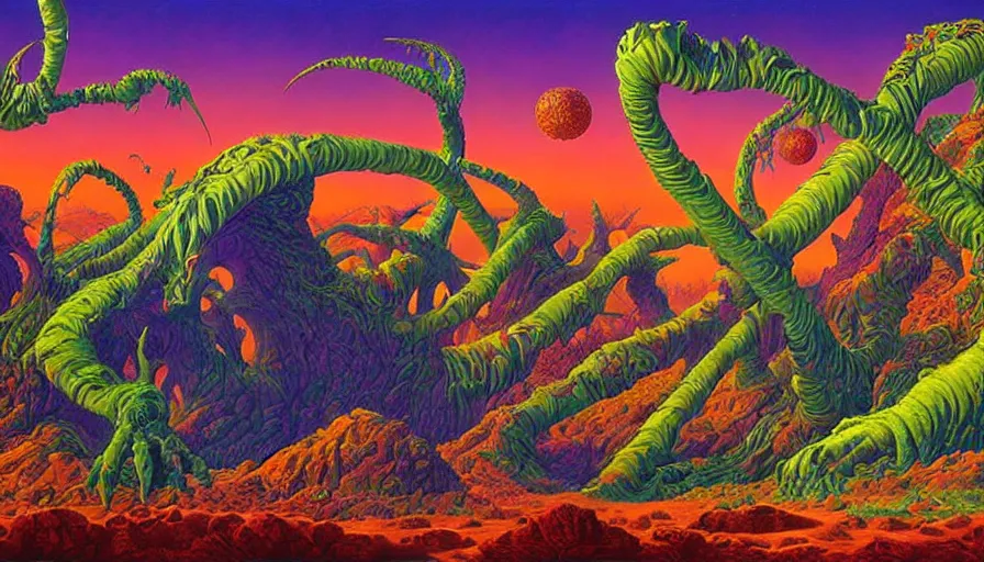 Prompt: fantasy alien landscape, strange flora, artwork by greg hildebrandt, vibrant colors