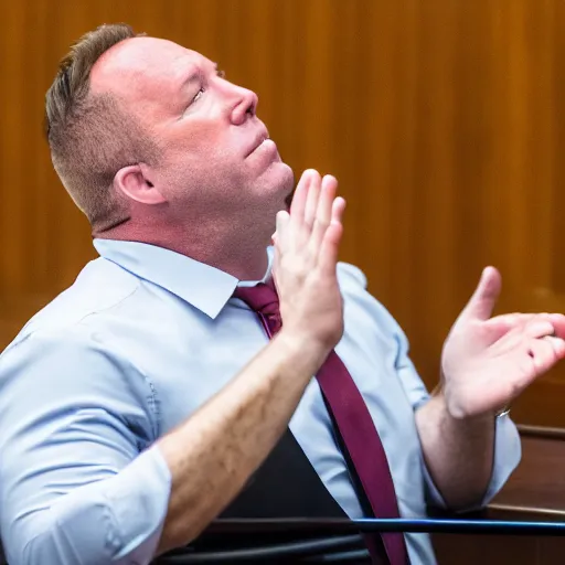 Prompt: Alex Jones desperately reaching for his out of reach phone in the courtroom, EOS 5DS R, ISO100, f/8, 1/125, 84mm, RAW, Dolby Vision