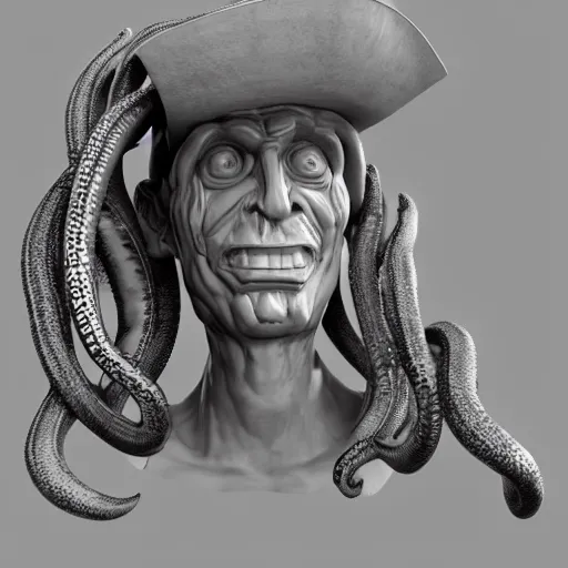 Prompt: 3 d render of a sculpture of a pirate full of tentacles, no colors, white and black, plastic, 4 k, 8 k, hd,