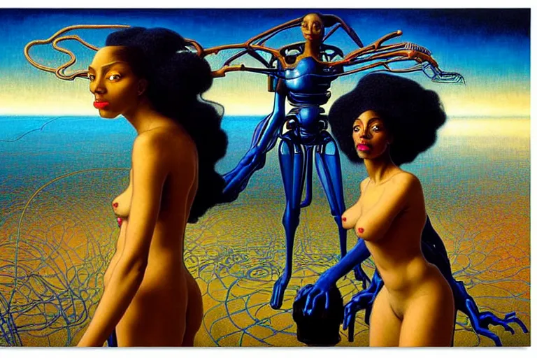 Image similar to realistic extremely detailed portrait painting of a beautiful black woman with a robot, futuristic sci-fi landscape on background by Jean Delville, Amano, Yves Tanguy, Ilya Repin, Alphonse Mucha, Ernst Haeckel, Edward Robert Hughes, Roger Dean, rich moody colours, blue eyes