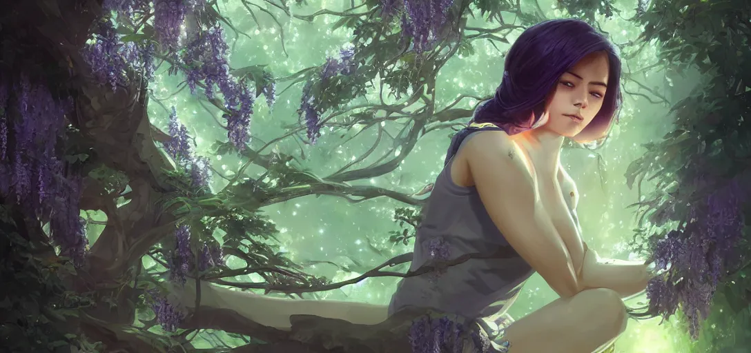 Image similar to Young Himalayan woman sitting in a large tree, glowing wisteria, night time scene, somber white eyes, long ashy hair, gentle lighting, futuristic, dim lighting, digital art by Makoto Shinkai ilya kuvshinov and Wojtek Fus, digital art, concept art,