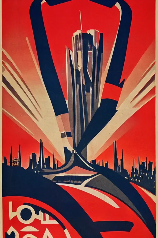 Image similar to ussr propaganda poster of 1 9 5 0 s city burning, futuristic design, dark, symmetrical, washed out color, centered, art deco, 1 9 5 0's futuristic, glowing highlights, intense