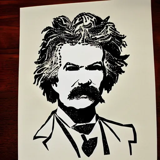 Prompt: cut paper portrait of mark twain