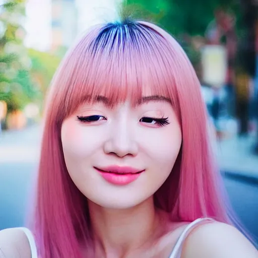 Image similar to beautiful hyperrealism selfie of nikki 苏 暖 暖 from shining nikki, a cute 3 d young woman smiling sofly, long light pink hair and full bangs, flushed face, blushing, small heart - shaped face, soft features, amber eyes, chinese heritage, golden hour, 8 k, sharp focus, instagram