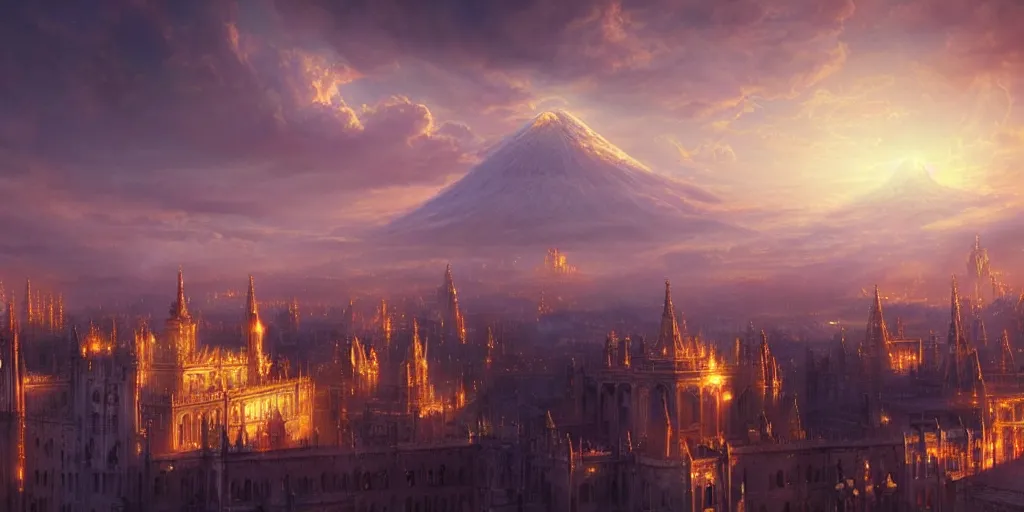 Image similar to beautiful gold fantasy city made from white stone and bright copper built on a volcano, misty, red sky, medieval city, metropolis, magic, gorgeous clouds, white marble, god rays, digital art, landscape, fantasy art, octane render, ureal engine, high detail, very realistic, by greg rutkowski. by james gurney