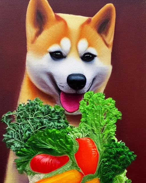 Image similar to shiba made of vegetables, oil painting, portrait