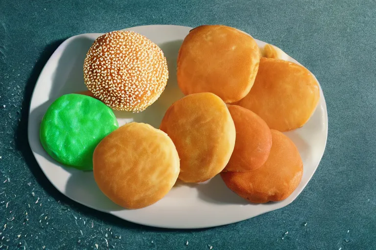 Image similar to mcdonalds colorful pattys, commercial photograph taken on table