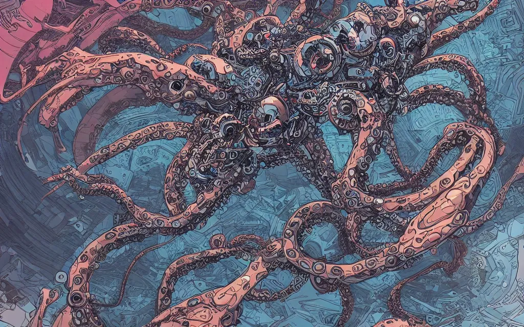 Image similar to biomechanical flying octopus, in the style of james jean and laurie greasley, dynamic composition, dramatic lighting, ultra detailed, nitro colors