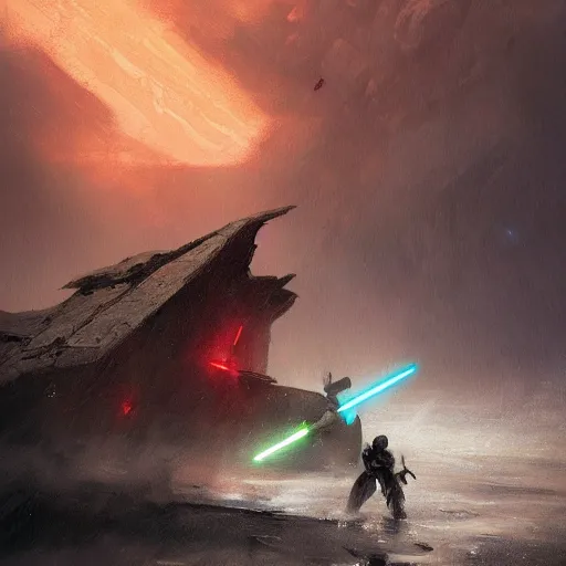 Image similar to star wars concept art by greg rutkowski, two jedis fighting a sith, on a fortress surrounded by a stormy sea, stressful atmosphere, cinematic lighting, artstation hq
