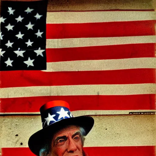 Image similar to uncle sam, 3 5 mm photo, american flag in the background