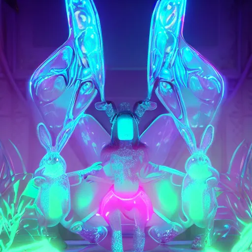 Image similar to neon fluorescent, iridescent cute bunny rabbits with fairy wings cyperpunk 2 0 7 7, unreal engine 5, 8 k ultra realistic, hyperdetailed, volumetric lighting, extremely high quality, vector art, illustration by frank frazetta