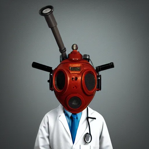 Prompt: An album cover, (fire), mask, stethoscope!, (doctor), 3d render, robot!, TV!, (unreal engine), (rust), photograph, portrait, painting, (((trees)))