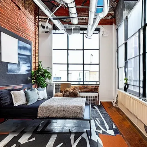 Image similar to trendy downtown loft with modern murals on the wall, contemporary art, and patterns, interior design, beautiful architecture
