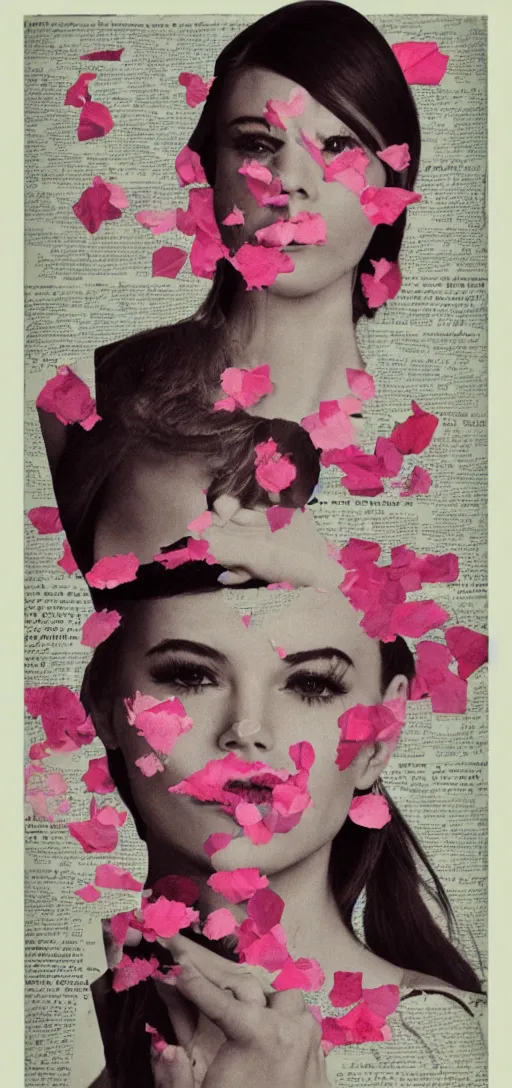 Prompt: cut and paste collage, newspaper, fashion magazine, 1 9 6 0 s, women's faces, polaroid, grainy, film, light leak, vintage makeup, flower petals, silk