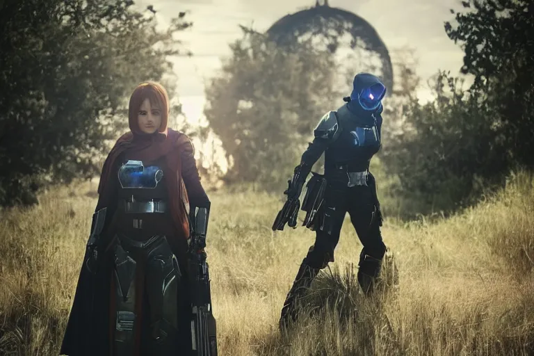 Image similar to vfx film destiny 2 cosplay, flat color profile, low key lighting, award winning photography, arri alexa cinematography, hyper real photorealistic cinematic, atmospheric cool colorgrade