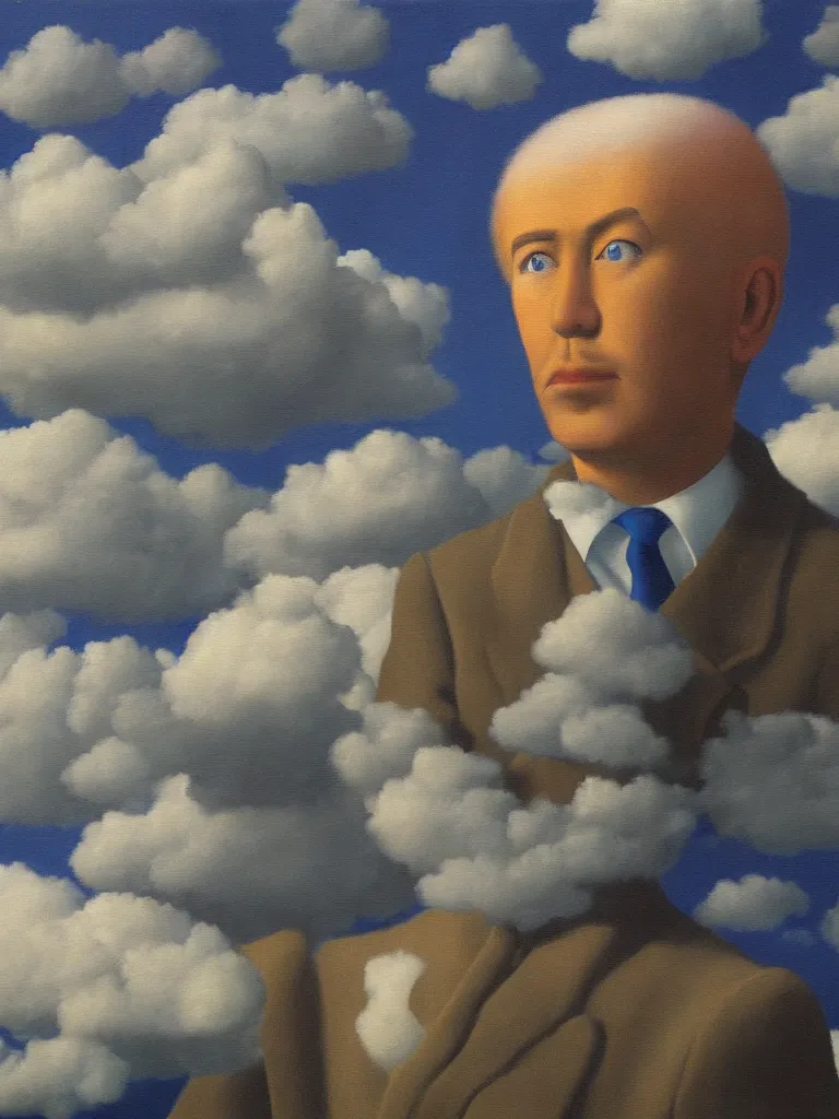 Image similar to portrait of cloud man by rene magritte, detailed painting, hd, hq, high resolution, high detail, 4 k, 8 k