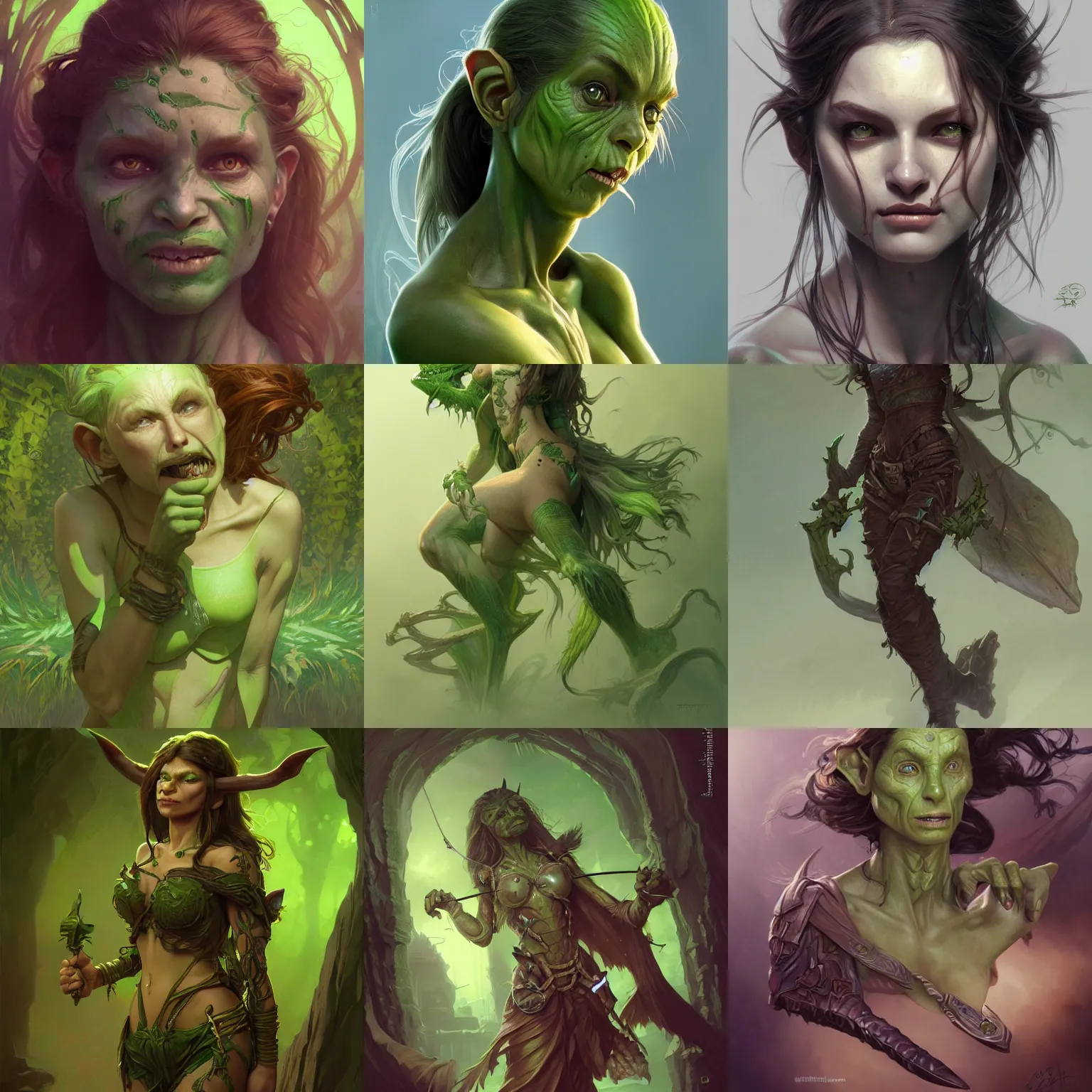 Prompt: female goblin, green skin, small, D&D, fantasy, intricate, wild, highly detailed, digital painting, artstation, concept art, smooth, sharp focus, illustration, art by artgerm and greg rutkowski and alphonse mucha