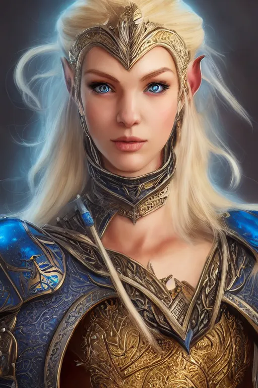 Image similar to highly detailed full body portrait painting of a proud young female elven knight in the style of Warhammer Fantasy by Artgerm and Arian Mark, medium length blonde hair, blue eyes, sapphire earrings, no helmet, low angle shot, highly detailed, trending on artstation, cgsociety, 4k, 8k, HDR, octane render, unreal engine