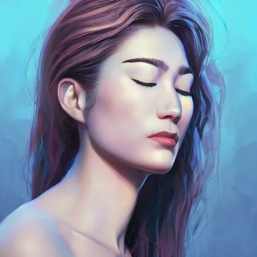 Prompt: electric woman with eyes closed, cute - fine - face, pretty face, oil slick hair, realistic shaded perfect face, extremely fine details, realistic shaded lighting, dynamic background, artgerm, 8 k ultra realistic, highly detailed, art by sylvain sarrailh, alena aenami, jeremy lipkin, michael garmash, ando tadao, kan liu