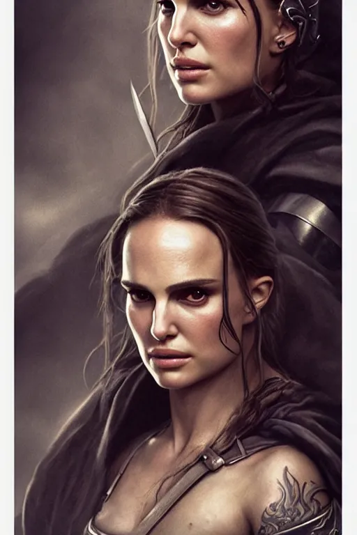 Image similar to portrait, natalie portman, battle warrior, lord of the rings, tattoos, decorative ornaments, greg rutkowski, perfect face, fine details, realistic shading, photorealism