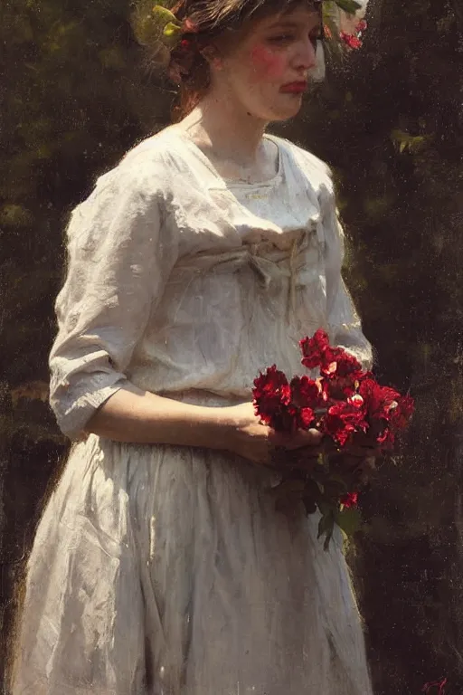 Image similar to Richard Schmid and Jeremy Lipking and Antonio Rotta full length portrait painting of a young beautiful traditonal dutch woman holding flowers