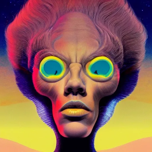 Image similar to colourful breathtakingly weird beautiful powerful magical wonderfully majestic beautifully cool character closeup by michael whelan, moebius, beeple, dan mcpharlin, pascal blanche, jamie hewlett, richard dadd, symmetrical, extreme close up with a serene expression, 8 k artstation