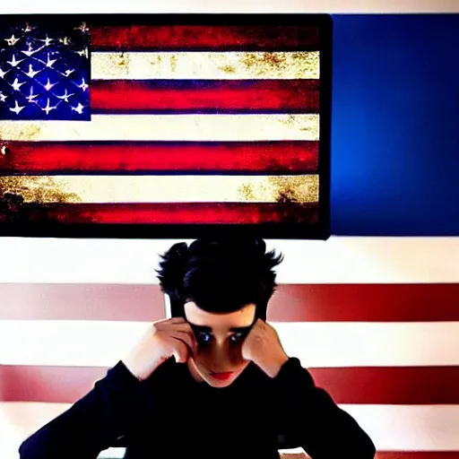 Image similar to American teenager with black hair playing ROBLOX on his computer in his bedroom, USA flag on the wall, France flag on the wall, highly detailed, full room, sad atmosphere, dark room, in the photo realistic