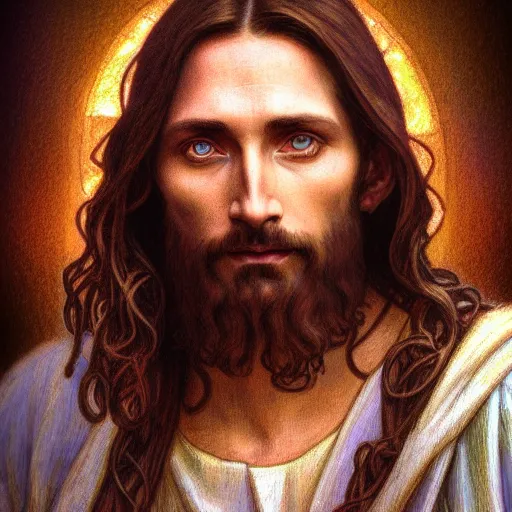 Image similar to a portrait of a jesus christ ,Grim fantasy, D&D, HDR, natural light, shoulder level shot, dynamic pose, award winning photograph, Mucha style 4k,