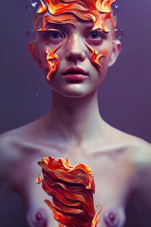 Image similar to 3 d, close - up, fashion model, flame, poster art, intricate oil painting, high detail, figurative art, multiple exposure, poster art, 3 d, by stanley kubrick and tooth wu and wlop and beeple