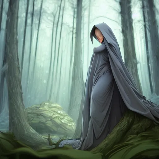 Image similar to wide angle, cloaked woman, sleeping on base of tree, white grey blue color palette, eyes closed, forest, female, d & d, fantasy, intricate, elegant, highly detailed, long brown hair, digital painting, artstation, octane render, concept art, matte, sharp focus, illustration, hearthstone, art by artgerm, alphonse mucha johannes voss