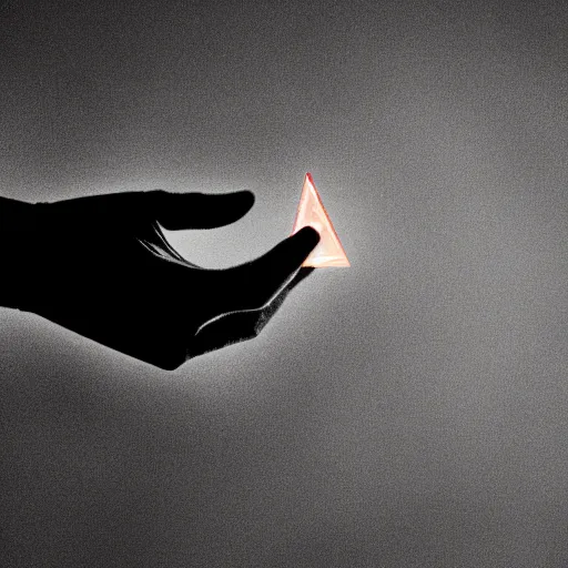 Image similar to a black gloved hand holding a dimly glowing triangular shard of kryptonite in pitch dark, black background